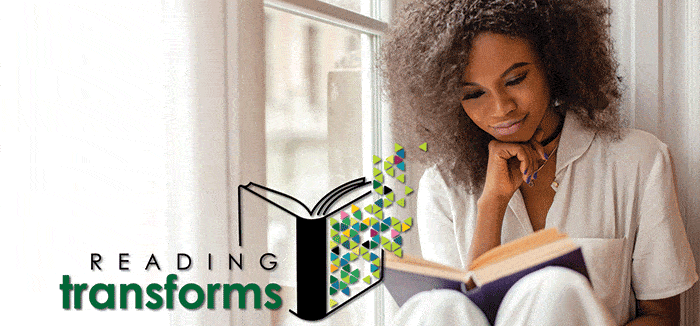 woman sitting while reading a book, with logo over image "Reading Transforms"