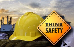 Hardhat, gloves, safety glasses, mask, Think Safety sign
