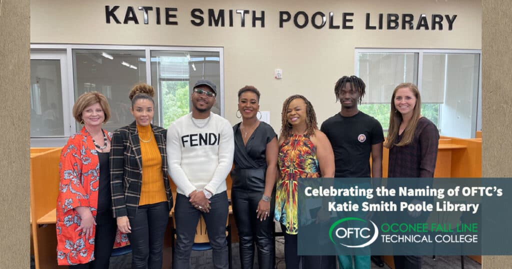 L-R: OFTC President, Erica Harden, Blair Gyamfi, Norman Gyamfi, Jackie Gyamfi Greene, Cynthia Ware, Timyrius Lewis, and Kathryn Willcox, OFTC Foundation Chair during the Katie Smith Poole OFTC Library Naming Ceremony,