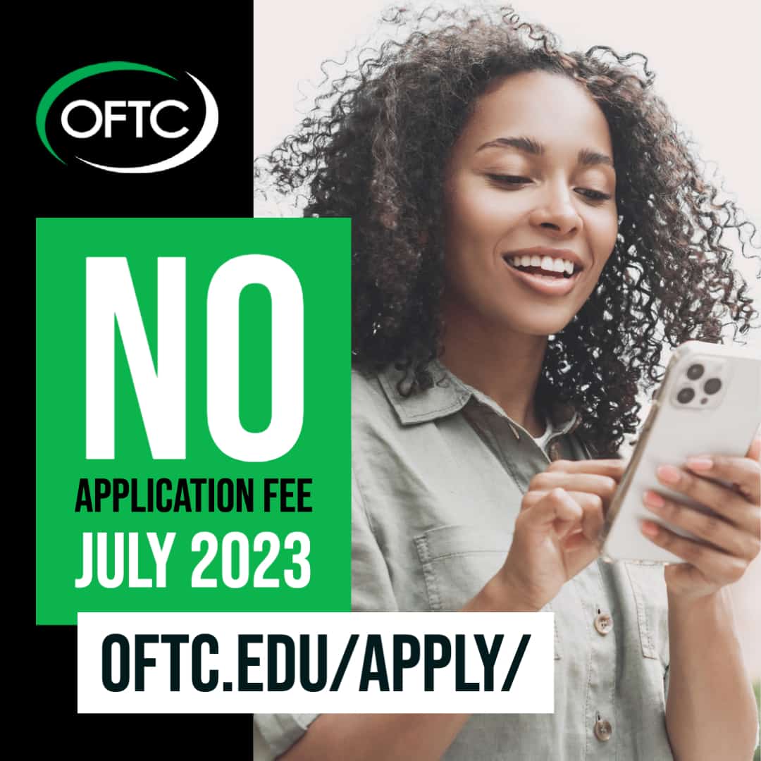 No application fee July 2023, woman smiling with cell phone