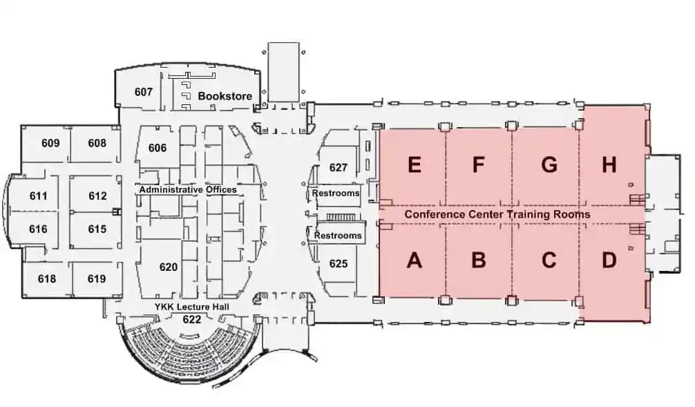 Floor plan showing a lecture hall, administrative offices, bookstore, restrooms, and conference training rooms labeled A-H. Lecture hall labeled 622 and offices numbered 606-618. Training rooms are highlighted in pink.