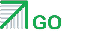 A logo with a green upward arrow incorporating horizontal gray lines on the left, followed by the word GO in green on a white background.
