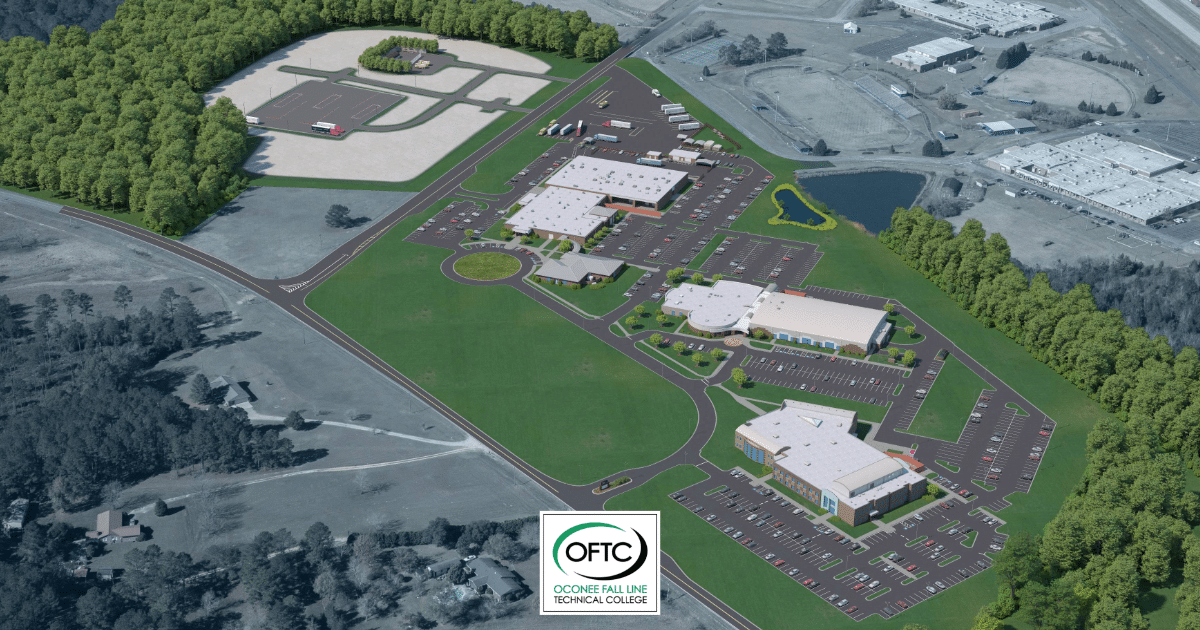 Aerial view of Oconee Fall Line Technical College campus featuring several large buildings, parking lots, and green spaces, surrounded by trees and roads. OFTC logo is shown at the bottom center.