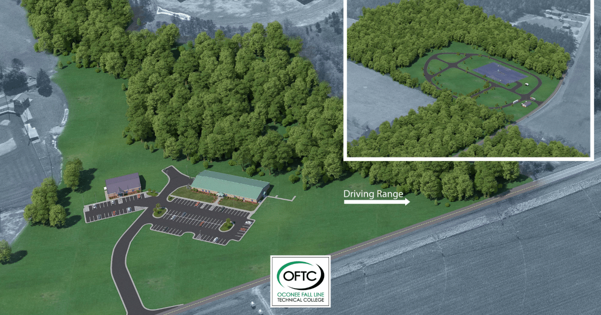 Aerial illustration of a college campus with buildings, parking lots, and green spaces; a labeled inset highlights a nearby driving range surrounded by trees. The OFTC logo appears at the bottom center.
