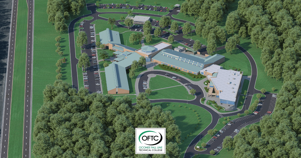 Aerial view of Oconee Fall Line Technical College campus surrounded by trees, with multiple buildings, parking lots, curved driveways, and a highway visible on the left. OFTC logo appears at the bottom center.