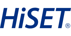 The image shows the HiSET logo with the word HiSET in bold, dark blue letters on a transparent background.