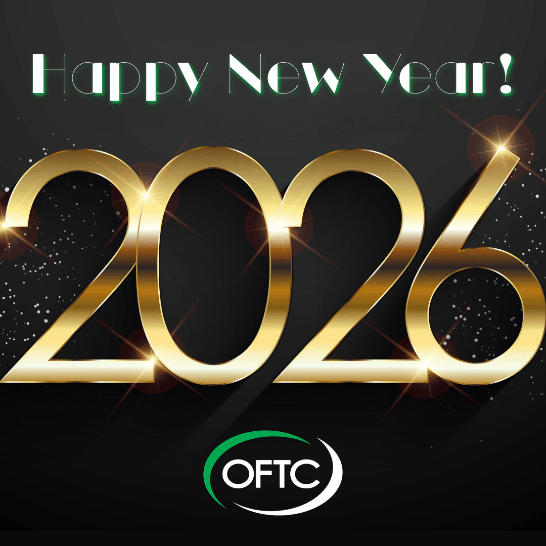 Gold 2026 with sparkles and Happy New Year! in green text on a dark background. The OFTC logo appears at the bottom center.
