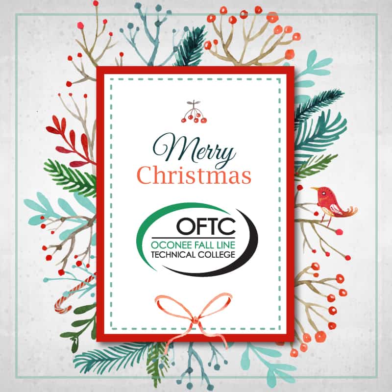 A festive card with colorful winter foliage, red berries, and a small bird. The center reads Merry Christmas above the Oconee Fall Line Technical College logo.