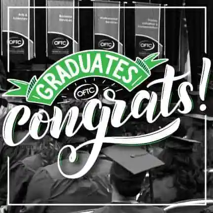 A black and white image of graduates in caps and gowns at a ceremony, with large festive text reading GRADUATES CONGRATS! in the foreground and banners hanging in the background.