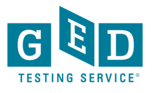 The GED Testing Service logo features three blue squares with the white letters G, E, and D, and the words TESTING SERVICE in blue beneath the squares, all on a white background.