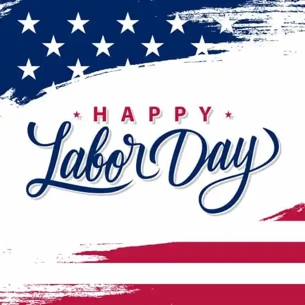 Happy Labor Day text with a blue field of white stars and red stripes, resembling the American flag, with a distressed brush stroke design.