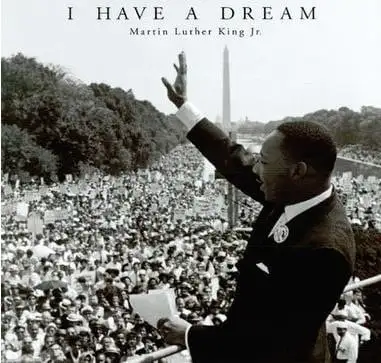 Martin Luther King Jr. waves to a large crowd during the 1963 March on Washington, with the Washington Monument visible in the background. The text above reads I Have a Dream.