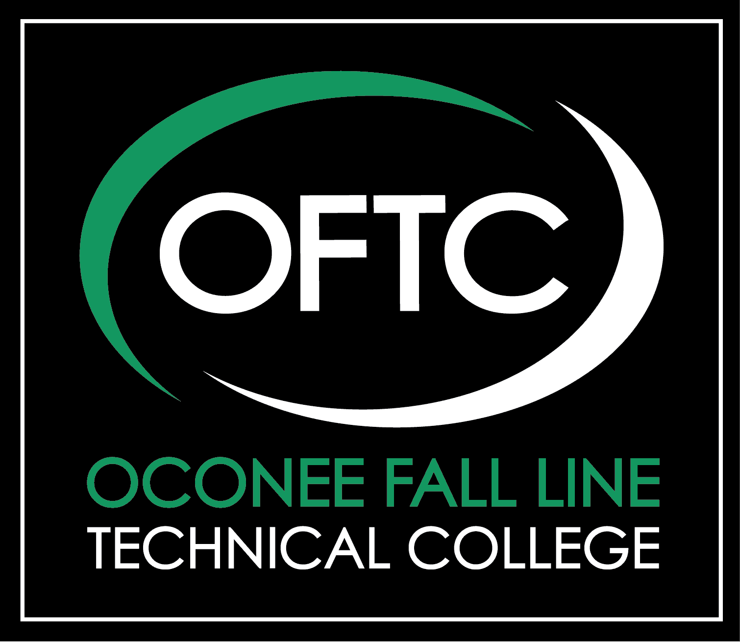 Logo for Oconee Fall Line Technical College. The letters OFTC are centered inside a green and white curved arc, with the college name in green and white text below, all on a black background with a white border.