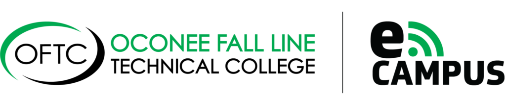 Logo with a green crescent and the text OCONEE FALL LINE next to a black and green eCampus symbol featuring a stylized e with Wi-Fi signal lines.