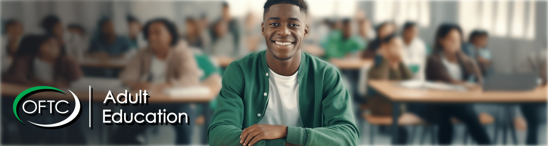 A young man smiles confidently while sitting at a desk in a classroom. Behind him, other adults are seated and learning. The OFTC Adult Education logo is visible in the foreground.