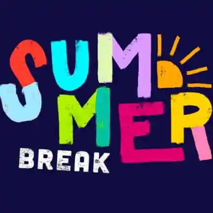 Colorful, playful text reads Summer Break on a dark blue background, with the U in SUMMER in light blue and the D in SUMMER stylized as a yellow sun with rays.