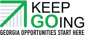 Logo with a green upward arrow and the words KEEP GOING and Georgia Opportunities Start Here in black and green text.