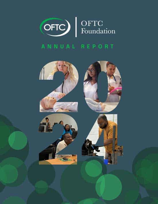 OFTC Foundation Annual Report cover with 2024 in large numbers filled with images of diverse students studying, learning hands-on skills, and working together in classrooms and labs.