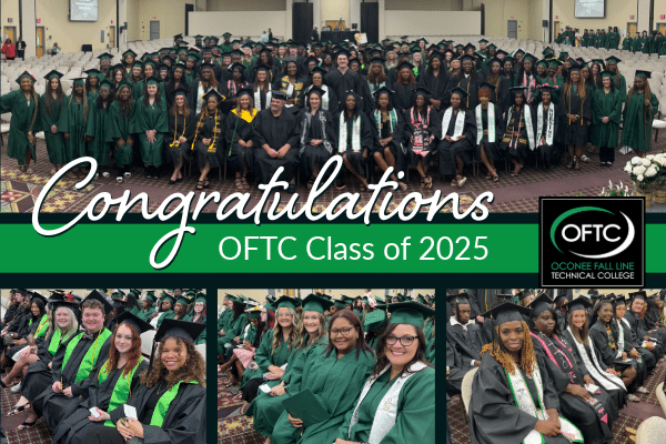 A large group of students in green graduation gowns sit and stand in a hall, smiling for a group photo. Text reads Congratulations OFTC Class of 2025. Four smaller images show close-ups of graduates. OFTC logo appears on the right.