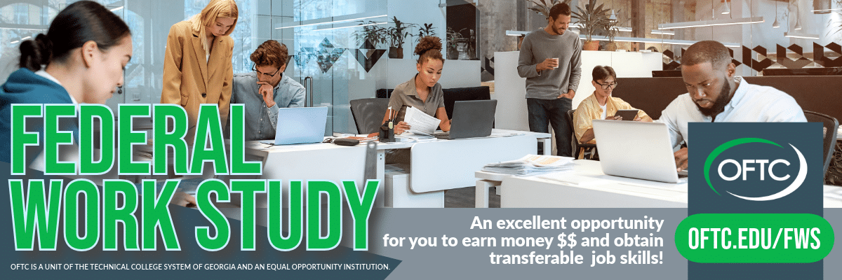 A diverse group of students work on laptops in a modern office. Text reads: Federal Work Study. An excellent opportunity to earn money and obtain transferable job skills! OFTC and website link appear on the right.
