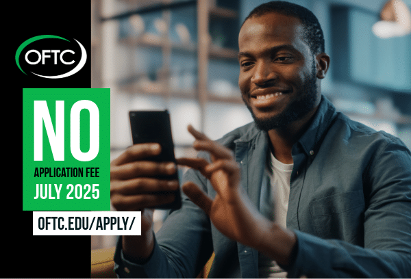A smiling man uses his smartphone. Text on image reads: OFTC. No application fee. July 2025. OFTC.EDU/APPLY/.