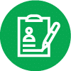 White icon of a clipboard with a user profile and a pen, set against a green circular background.