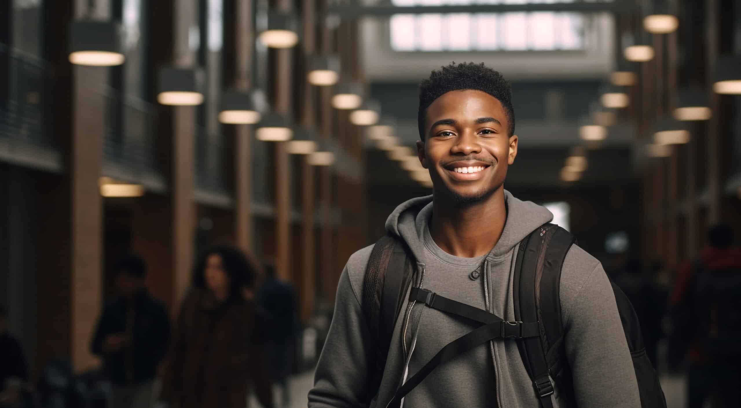 A young man wearing a gray hoodie and backpack smiles while standing in a brightly lit hallway with blurred people in the background.