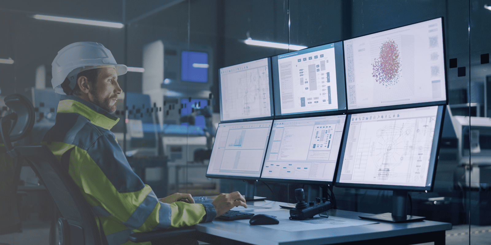 A man wearing a hard hat and high-visibility jacket sits at a desk, monitoring multiple large computer screens displaying graphs, charts, and technical data in a modern industrial control room.