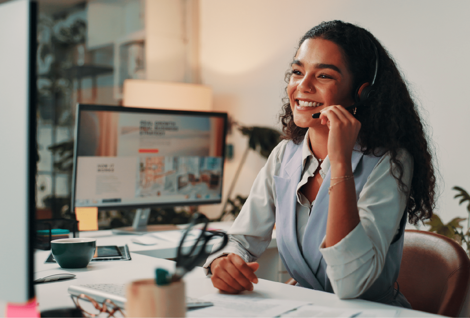 A woman wearing a headset smiles while sitting at a desk with a computer monitor, papers, and office supplies. She appears to be engaged in a video call or customer service interaction.