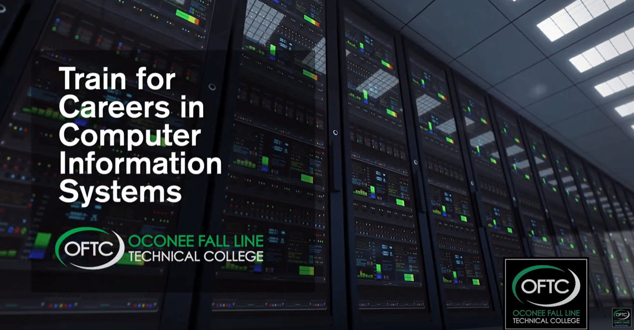 A row of server racks in a data center with text overlay: Train for Careers in Computer Information Systems. Oconee Fall Line Technical College (OFTC).