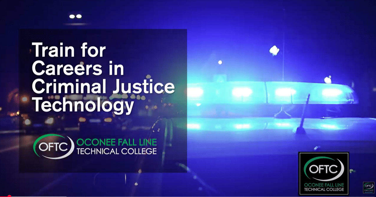 A promotional image for Oconee Fall Line Technical College features flashing blue police lights at night and text that reads Train for Careers in Criminal Justice Technology. The OFTC logo appears in the lower corners.