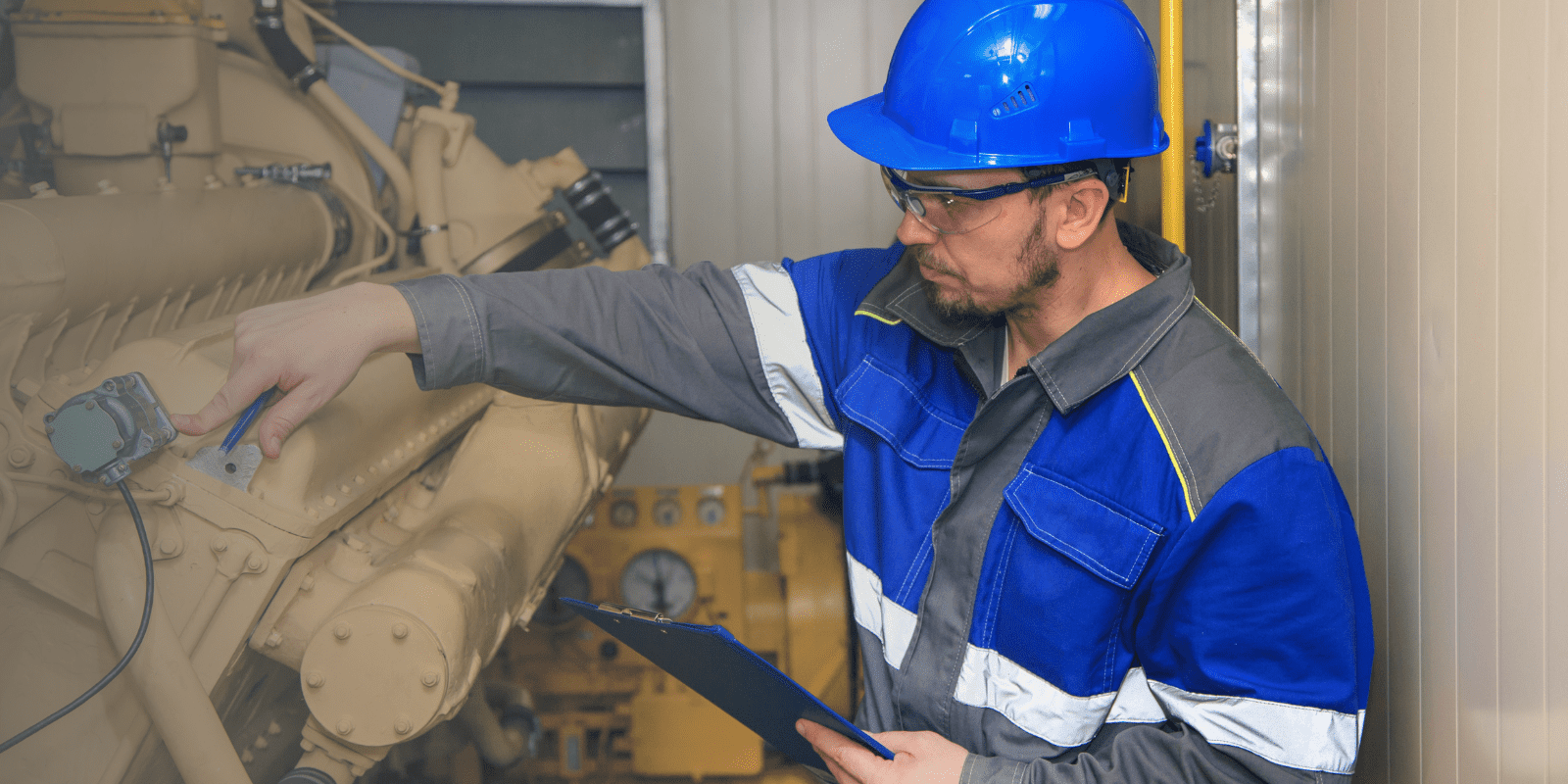A worker in a blue hard hat and safety glasses inspects industrial machinery, holding a clipboard in one hand and adjusting a component with the other.