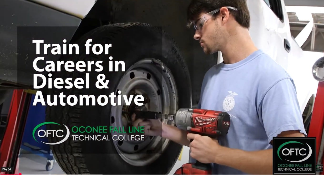 A man uses a power tool to work on a vehicle's tire. Text reads, Train for Careers in Diesel & Automotive. OFTC Oconee Fall Line Technical College. OFTC logo appears in two places.