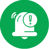 White alarm bell with an exclamation mark and two sound lines, centered on a green circular background.