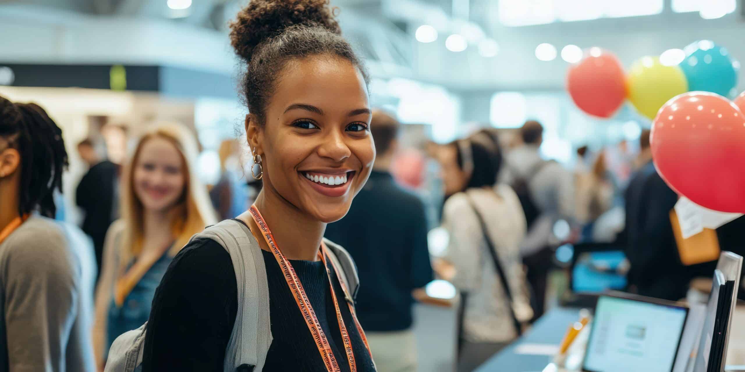 A young woman with a backpack and lanyard smiles at the camera in a busy, brightly lit indoor event or conference, with people and colorful balloons in the background.