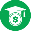 A white graduation cap and a coin with a dollar sign are shown on a green circular background, representing financial aid or scholarships for education.