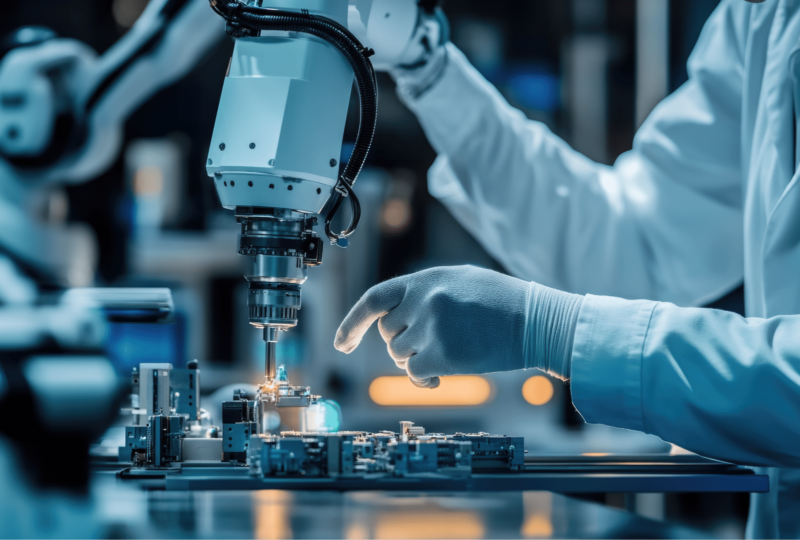 A scientist in gloves operates advanced machinery, assembling or inspecting electronic components in a high-tech laboratory or manufacturing facility.