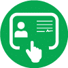 A green circle icon with a white outline of an ID card, featuring a user photo, text lines, and a hand icon pointing at the card.