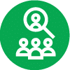 White icon of three people with a magnifying glass over one, on a green circular background, representing searching or selecting a person from a group.