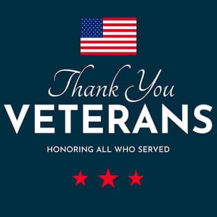 An image of the American flag above the words Thank You Veterans, with Honoring All Who Served below and three red stars at the bottom, on a dark blue background.