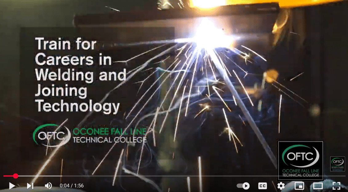 A welder creates sparks while working, with the text Train for Careers in Welding and Joining Technology and the Oconee Fall Line Technical College logo overlayed on the image.