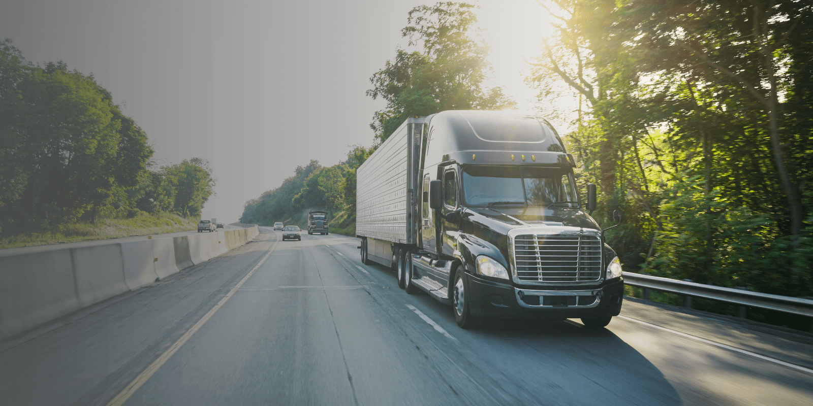 A black semi-truck drives down a highway bordered by trees, with sunlight streaming through the branches. Other vehicles follow behind on the road.