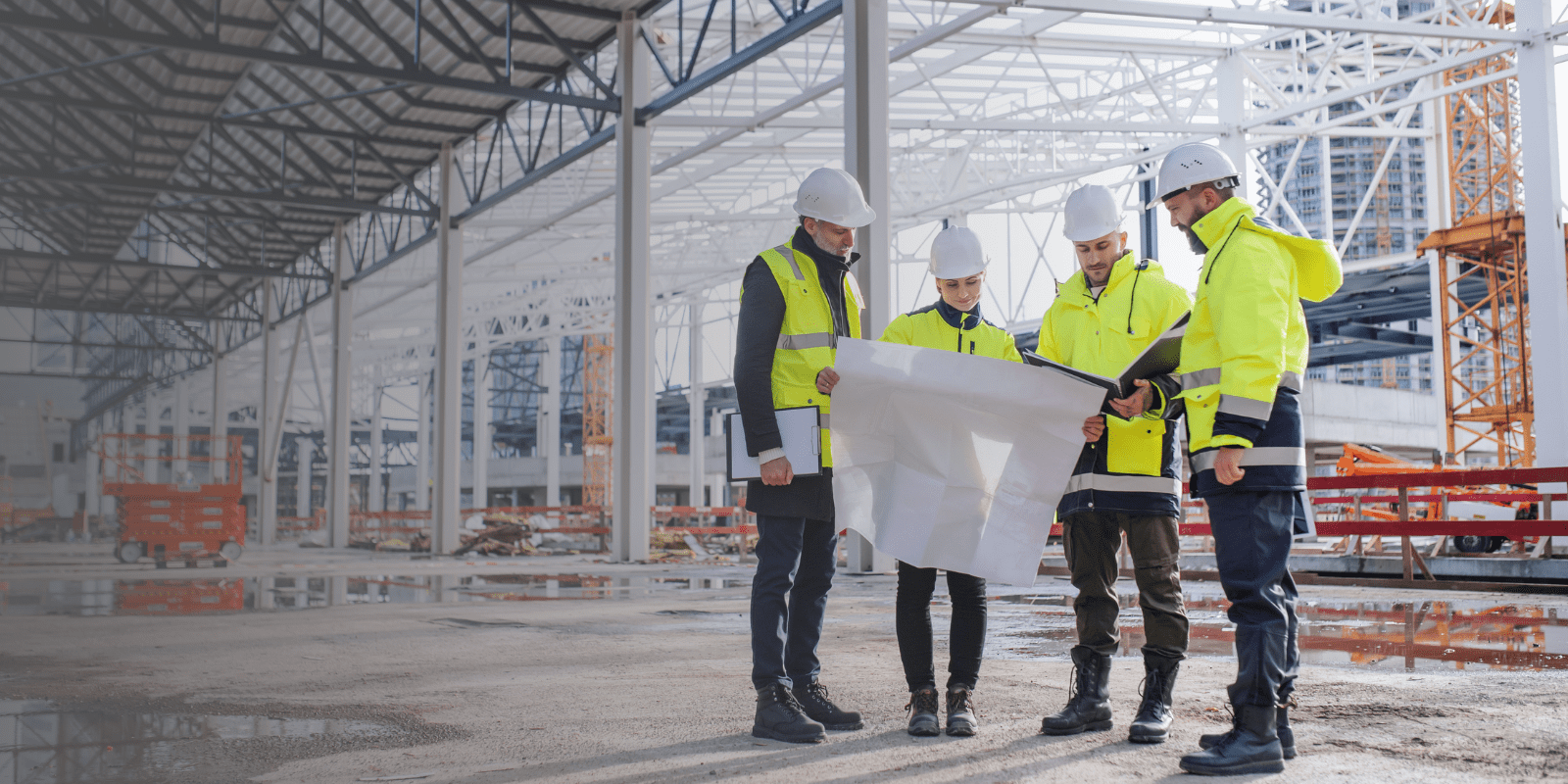 Four construction workers wearing safety gear and hard hats examine a large blueprint at a building site with steel frameworks and construction materials in the background.