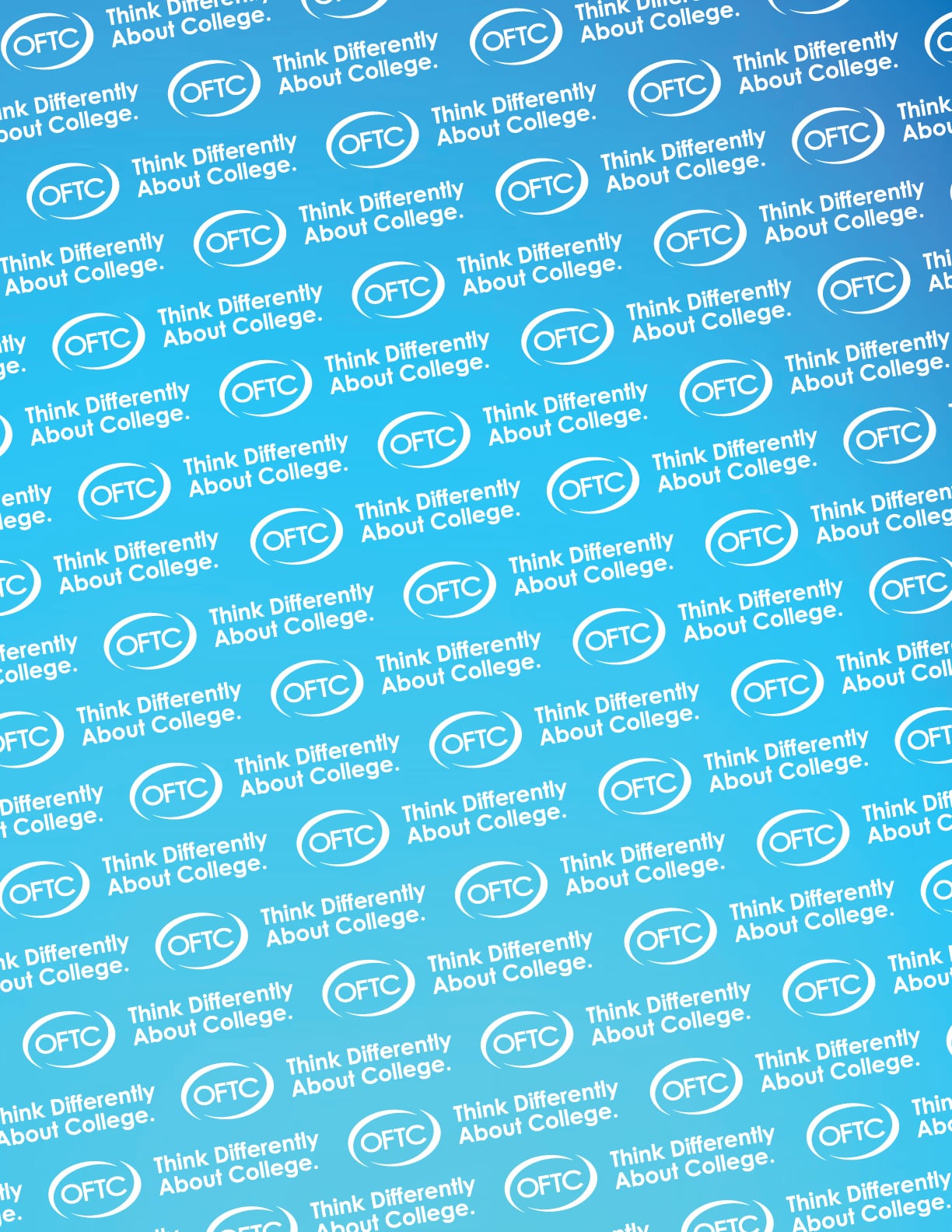 Blue background with repeating white OFTC logos and the phrase Think Differently About College. arranged diagonally across the image.