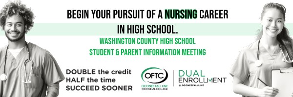 Two smiling young people in medical scrubs hold folders. Text promotes beginning a nursing career in high school with dual enrollment at Oconee Fall Line Technical College and info on a student and parent meeting.