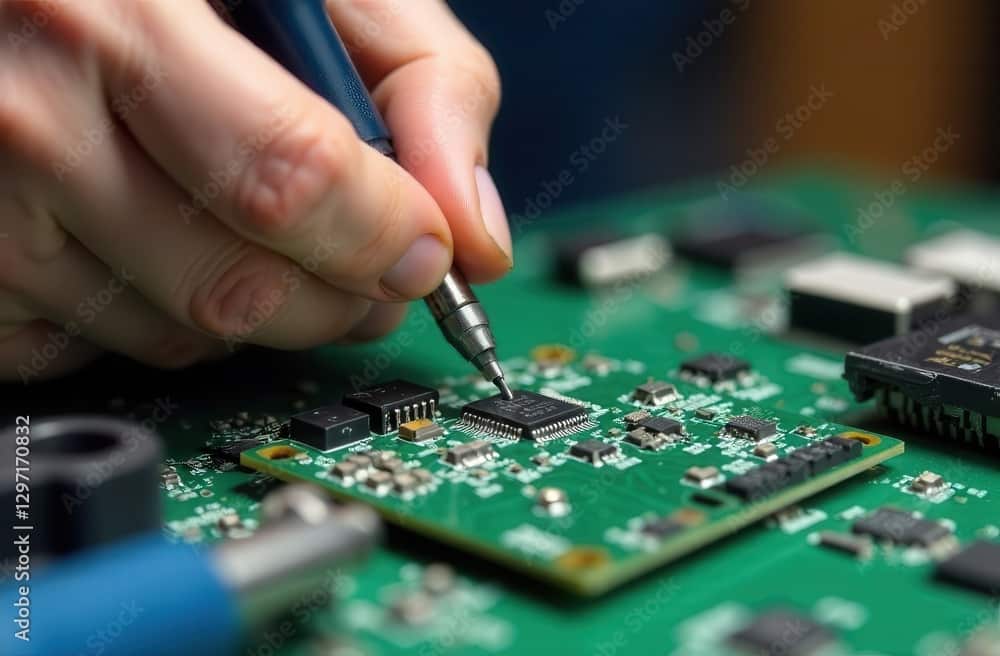 A close-up of a hand using a pen-like tool to work on a green circuit board, surrounded by electronic components and microchips.