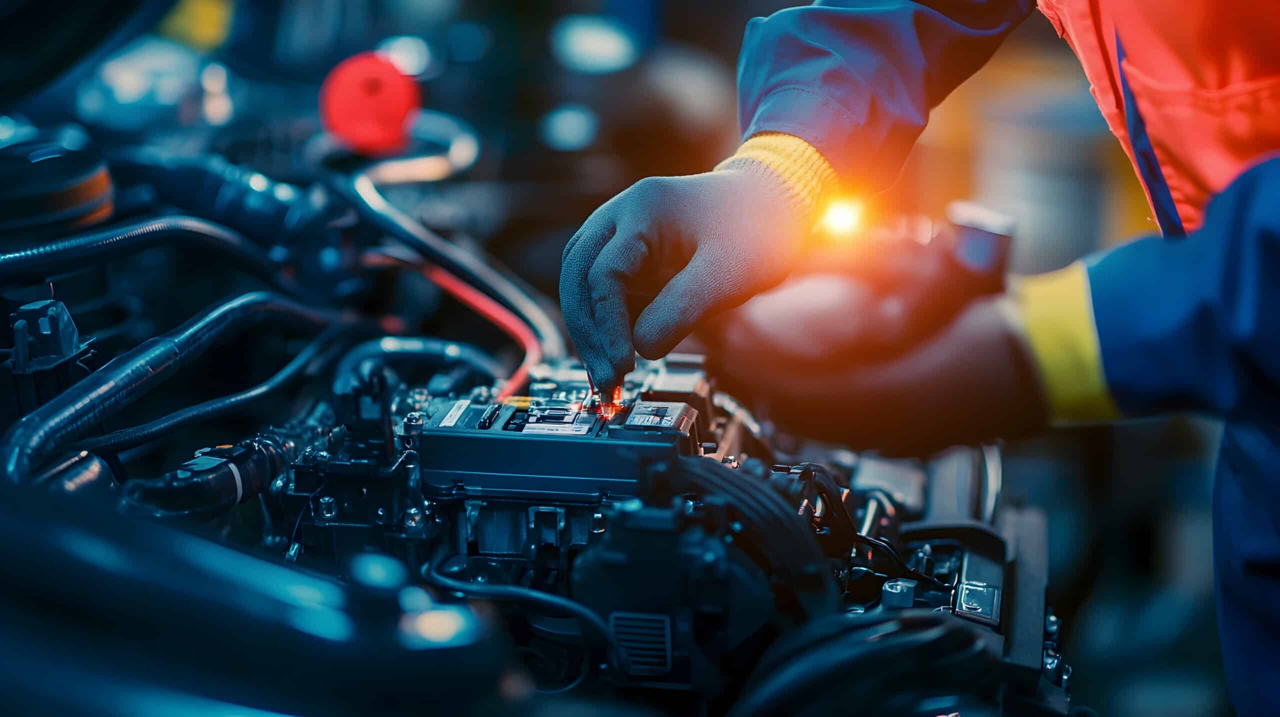 A mechanic wearing gloves works on a car engine, adjusting components with precision. The scene is brightly lit, focusing on the engine parts and the mechanic's hand in mid-repair.