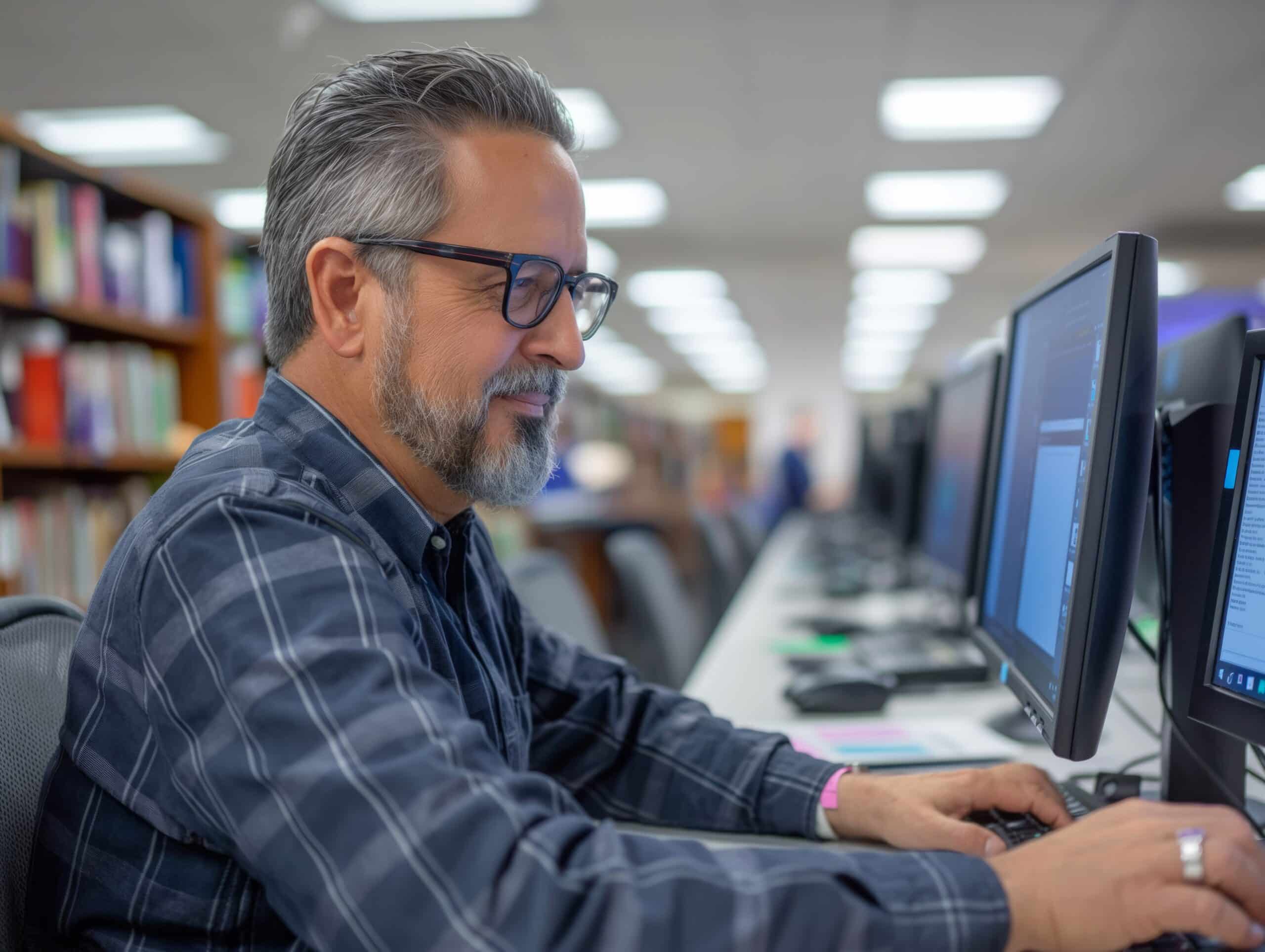 A middle-aged man with glasses and a beard works at a computer in a library, smiling as he types on the keyboard. Bookshelves are visible in the background.
