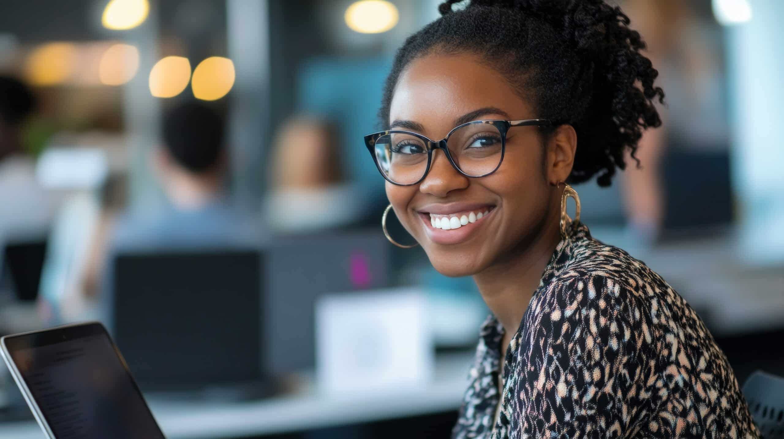 A smiling woman with glasses and curly hair, wearing a patterned top, sits at a desk with a laptop in a modern office setting. Other people and desks are blurred in the background.