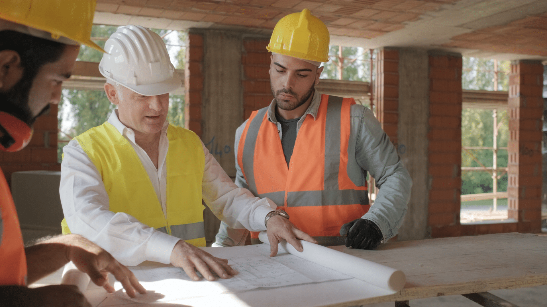 Three construction workers wearing safety vests and hard hats review blueprints on a table inside a partially built structure with brick walls and open windows.